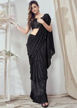 Black Cocktail Pre-Stitched Saree With Sequined Blouse