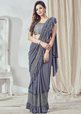 Grey Pre-Stitched Lycra Saree With Sequined Blouse