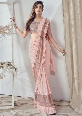 Peach Pre-Stitched Lycra Saree With Sequined Blouse