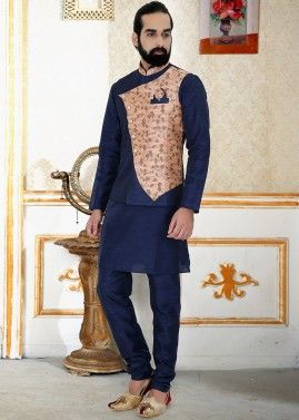 Navy Blue and Peach Overlapped Woven Nehru Jacket