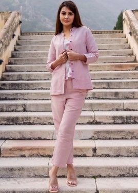 Pink Jacket Style Co-Ord Set In Cotton