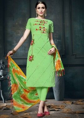 Green Cotton Salwar Suit In Resham Work