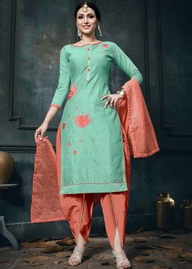 Green Dhoti Style Suit In Cotton