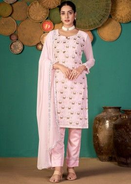 Peach Zari Embroidered Pant Suit In Georgette