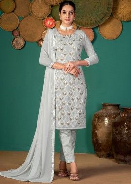 Grey Straight Cut Embroidered Georgette Pant Suit