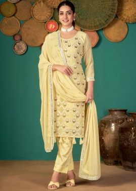 Yellow Zari Embroidered Pant Suit With Dupatta
