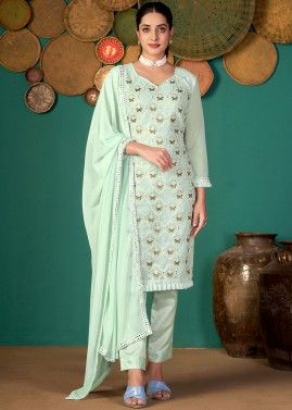 Green Georgette Pant Suit With Zari Embroidery