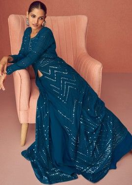Blue Sequin Embroidered Slit Style Suit In Georgette