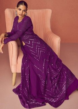 Purple Slit Style Suit With Sequin Detailings