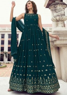 Green Anarkali Suit In Thread Embroidery