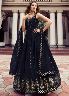 Navy Blue Embroidered Anarkali Suit In Georgette