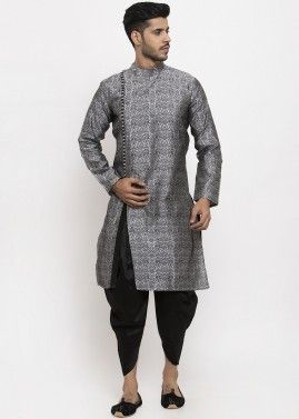 Grey Woven Side Slit Angrakha Style Kurta Dhoti Set