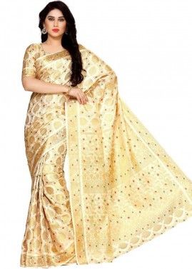 Cream Festive Kanjivaram Silk Saree With Woven Work