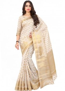 White Woven Festive Saree With Blouse
