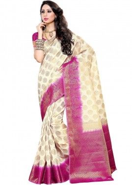 White Traditional Woven Saree With Blouse