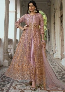 Pink Embroidered Slit Style Suit Set In Net