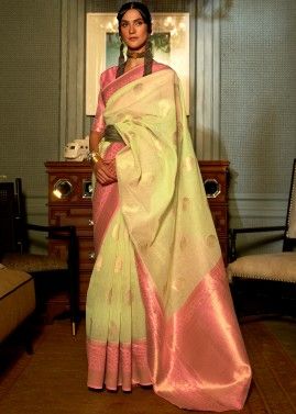 Yellow Zari Woven Saree In Linen