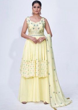 Yellow Readymade Embroidered Straight Cut Suit Set