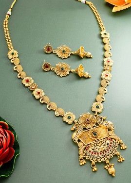 Golden Peacock Design Necklace Set In Studded Stone