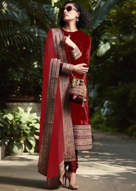 Red Embroidered Salwar Kameez In Velvet