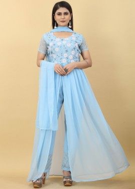 Readymade Blue Embroidered Pant Suit With Front Slit