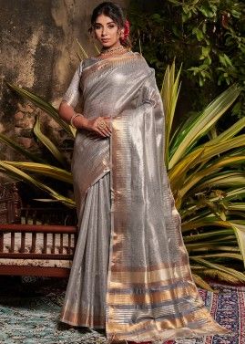 Grey Woven Party Wear Saree In Tissue