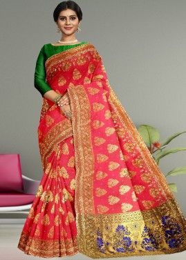 Red Kanjivaram Silk Saree In Woven Designs