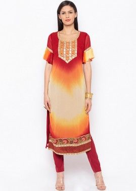 Readymade Yellow and Red Shaded Georgette Kurta