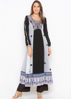 Readymade Black and White Embroidered Long Kurta