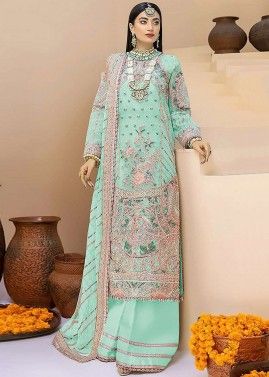Blue Straight Cut Palazzo Suit Set In Georgette