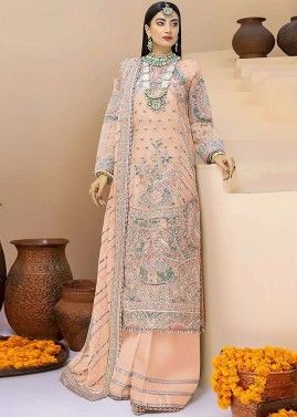 Peach Embroidered Palazzo Suit Set In Georgette