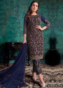 Blue Dori Embroidered Pant Suit Set In Net