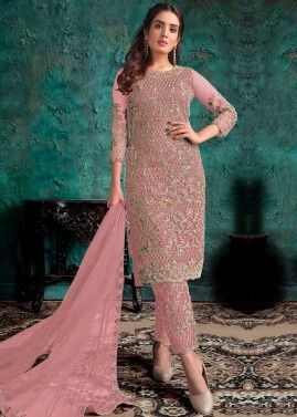 Pink Festive Embroidered Pant Suit Set In Net