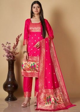 Pink Zari Woven Suit Set In Banarasi Silk
