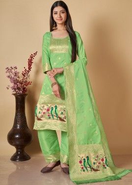 Green Zari Woven Suit Set In Banarasi Silk