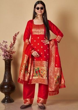 Red Straight Cut Suit Set In Banarasi Silk 