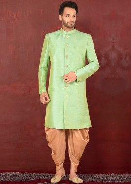 Green Silk Readymade Sherwani With Dhoti