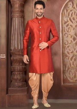 Red Silk Readymade Sherwani Dhoti Pant Set
