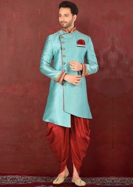 Turquoise Asymmetric Indo Western Sherwani Dhoti Set