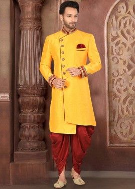 Yellow Readymade Asymmetric Sherwani Dhoti Set