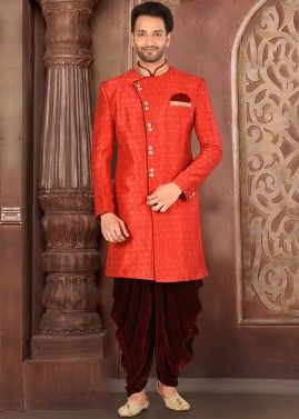 Red Art Silk Woven Readymade Sherwani With Dhoti