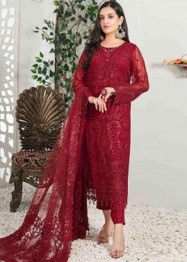 Red Georgette Embroidered Pant Suit Set