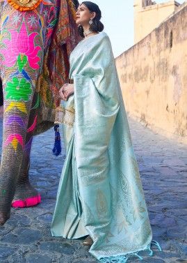 Turquoise Woven Art Silk Handloom Saree With Blouse