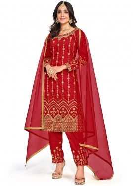 Red Embroidered Pant Suit In Art Silk