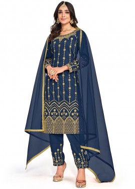 Navy Blue Embroidered Art Silk Pant Suit Set
