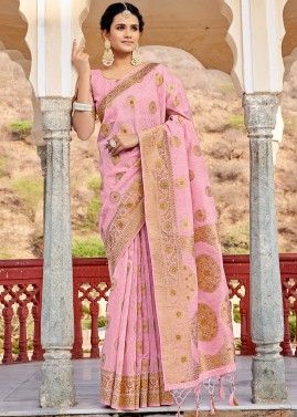 Pink Linen Saree In Woven Designs