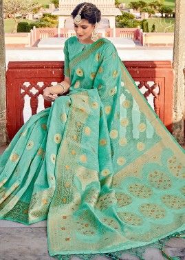 Turquoise Zari Woven Saree In Linen