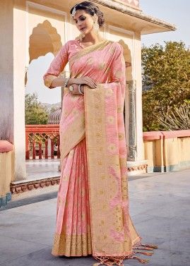 Pink Woven Design Linen Saree & Blouse