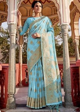 Blue Traditional Style Woven Linen Saree