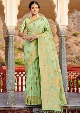 Green Woven Festive Linen Saree